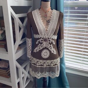 Brown and Cream Embellished Lace Blouse